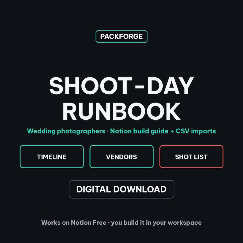 Wedding Shoot-Day Runbook | Notion Build Guide + CSV Imports | Timeline, Vendor Contacts, Shot Lists image 1
