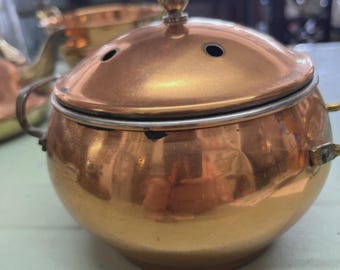 Vintage Copper Potpourri Pot with Brass Handles and Lid, Cottagecore