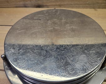 Vintage Silverplate Floral Etched Coaster Set of 6 with Holder Felt Back