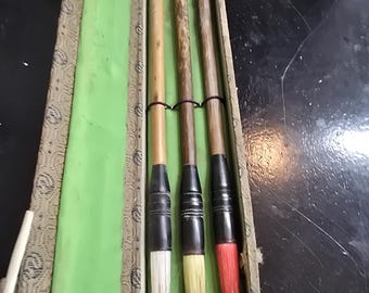 Vintage Chinese Calligraphy Brush Set 3 中國名畫 Brocade Case