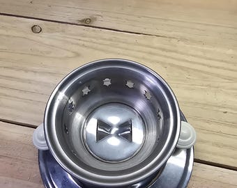Vintage MADE IN USSR Chrome Metal Bowl Warmer Star Cutouts White Handles
