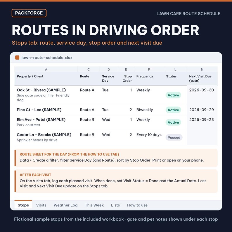 Lawn Care Route Schedule | Excel / Google Sheets Workbook | Recurring Stops, Weekly Routes, Weather Log image 2