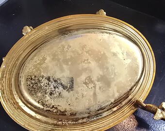 Vintage Gold Tone Oval Footed Vanity Tray Worn Reflective Center Regency