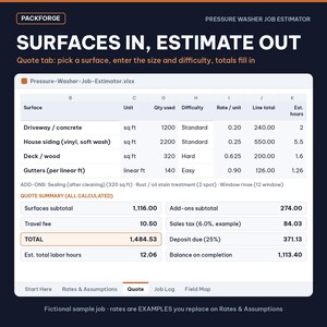 Pressure Washing Job Estimator | Excel / Google Sheets Quote Calculator | Surfaces, Add-ons, Job Log image 3