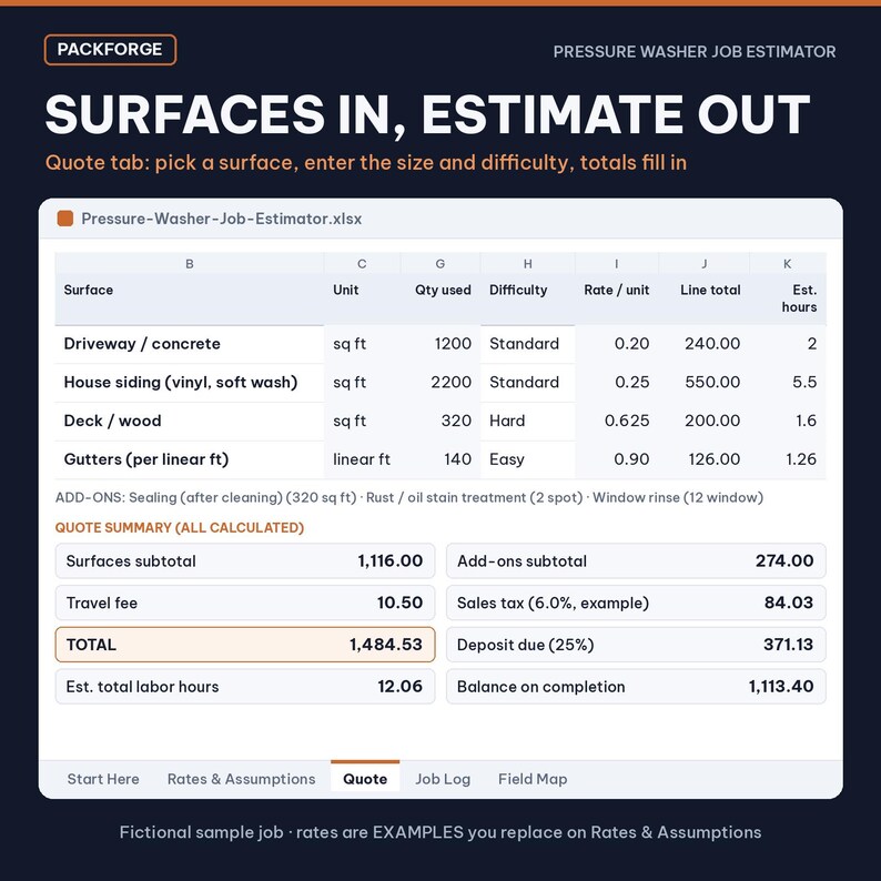 Pressure Washing Job Estimator | Excel / Google Sheets Quote Calculator | Surfaces, Add-ons, Job Log image 3