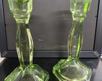 Vintage Lime Green Glass Candlestick Pair Hexagonal Base Art Deco Taper