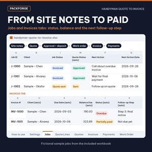 Handyman Quote to Invoice Tracker | Excel / Google Sheets Workbook | Jobs, Quotes, Invoices, Payments image 3