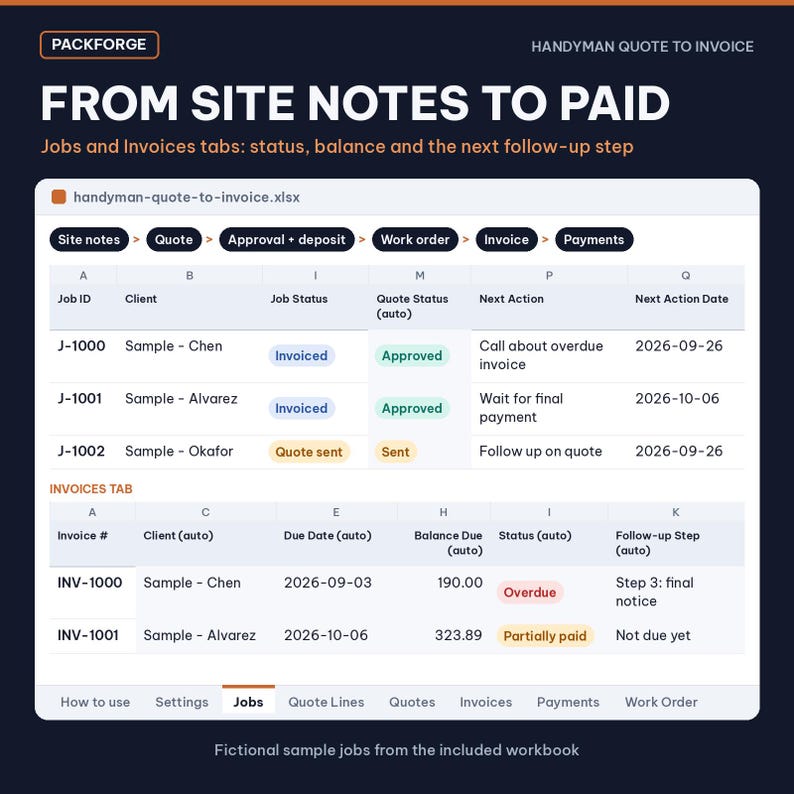 Handyman Quote to Invoice Tracker | Excel / Google Sheets Workbook | Jobs, Quotes, Invoices, Payments image 3