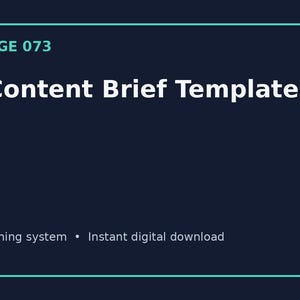 May include: A dark blue rectangular digital template with a light blue border. The text reads PACKFORGE 073, SEO Content Brief Template, Editable planning system, and Instant digital download. The top right corner displays the text $17.