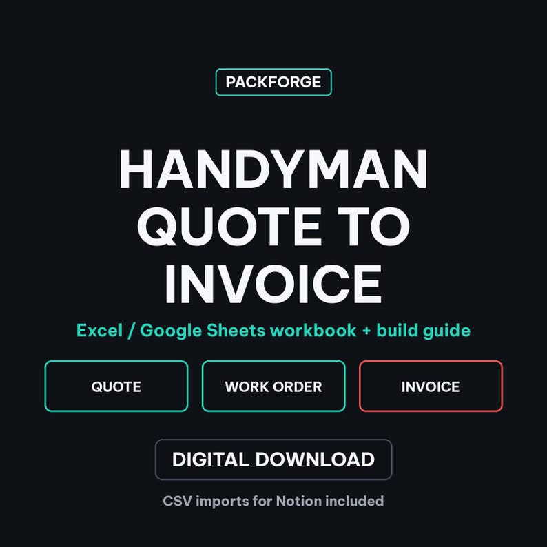 Handyman Quote to Invoice Tracker | Excel / Google Sheets Workbook | Jobs, Quotes, Invoices, Payments image 1