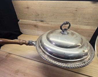 Vintage Silverplate Covered Pan Wooden Handle Domed Lid Gadroon ~11"