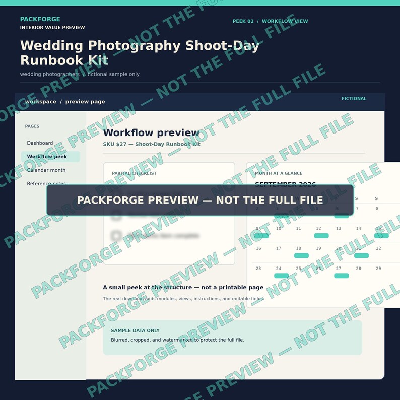 May include: A digital interface display titled Wedding Photography Shoot-Day Runbook Kit. The screen shows a workflow preview with a September 2026 calendar, a partial checklist, and navigation tabs for pages like dashboard and reference notes.