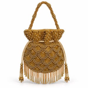 May include: A gold beaded drawstring handbag featuring a scalloped pattern of metallic beads, a braided handle, and a fringe of long gold beads at the base. The bag is cinched with a cream-colored cord that ends in decorative beaded tassels.