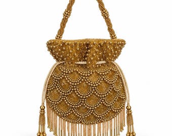Gold Beaded Potli Bag with Tassels
