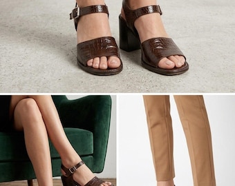 Zapatos de tacón de bloque de cuero marrón repujado estilo Y2K de Joan & David, hechos en Italia, talla 38/US 7.5-8