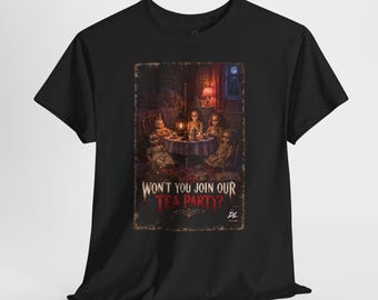 Creepy Doll Tea Party Shirt, Haunted Doll Horror Tee, Gothic Tea Party T-Shirt, Dark Humor Shirt
