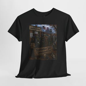 May include: A black short-sleeve t-shirt featuring a graphic print of a line of costumed figures standing outside a building labeled Department of Unemployment. The print includes the text November 1st Unemployment Line and a small American flag.