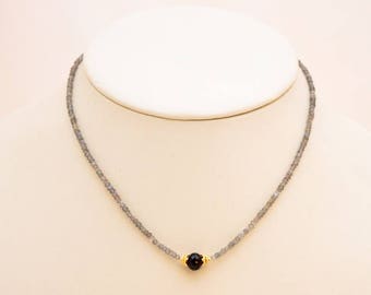 Beautiful labradorite and black spinel choker with gold vermeil bead caps and gold clasp.  Shown in 18 1/4 inches.