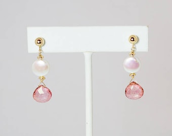 Pink quartz and white coin pearl drop earrings with gold filled ear wires.    ~1 1/2 inches long.