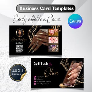 May include: A set of black business card templates with gold marble accents, featuring the text Business Card Templates, Easily editable in Canva, and Nail Tech by Your Professional Nail Technician. Includes a QR code and 3.5 x 2 inches label.
