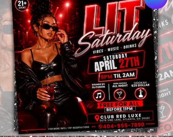 Lit Saturday Night Party Flyer Template, Club Promotion Flyer, Ladies Night Invite, DJ Event Poster, Digital Download, Canva Editable