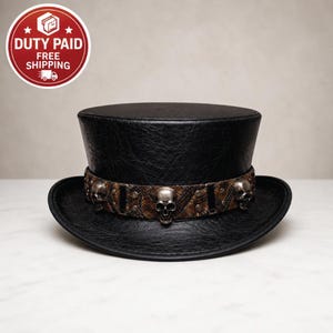 Handmade Black Leather Top Hat with Metal Skull Band | Gothic Steampunk Rocker Top Hat | Python Strap Biker Hat