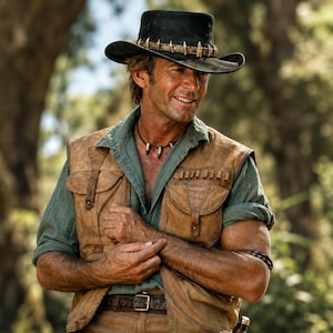 Può includere: Un cappello nero a tesa larga con una fascia decorativa caratterizzata da piccoli inserti a forma di dente, un gilet multitasche color cuoio con passanti e una camicia verde abbottonata. Una collana con tre pendenti a forma di dente al collo.