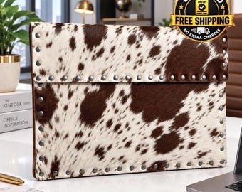 MacBook-Hülle aus Leder mit Fellbezug, Laptop-Hülle aus Rindsleder mit Nieten, Laptop-Hülle aus Leder mit Western-Kuhmuster, MacBook-Hülle aus echtem Leder mit Fellbezug