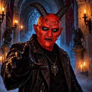 May include: A figure with bright red skin and two large, textured horns on the head, wearing a black leather jacket with silver studs and a silver chain necklace featuring a skull pendant. The figure has dark eye makeup and pointed ears.