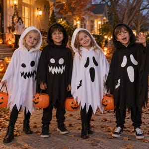 May include: Four children wearing hooded ghost ponchos in black and white with jagged hems. Two ponchos are white with black ghost faces, and two are black with white ghost faces. Each child carries an orange plastic pumpkin trick-or-treat bucket.