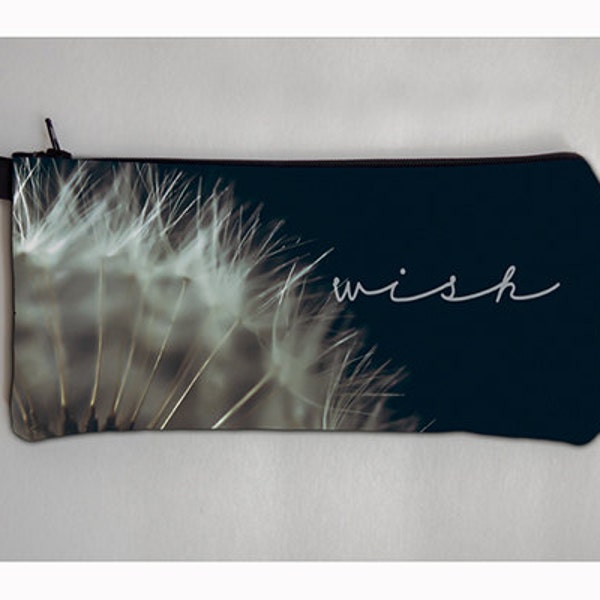 Wish Quote Photo Zippered Pouch, Dandelion Photo, Makeup Bag, Spring Accessory, Cosmetics Pouch, Mini Purse, Ladies' Clutch