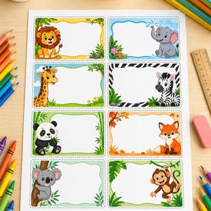 Può includere: Un foglio di otto etichette rettangolari con animali dei cartoni animati, tra cui un leone, un elefante, una giraffa, una zebra, un panda, una volpe, un koala e una scimmia. Ogni etichetta ha un centro bianco e un bordo decorativo naturale.