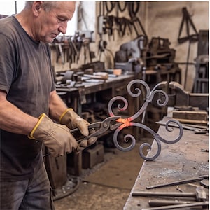 May include: A blacksmith uses metal tongs to hold a decorative wrought iron piece with scrollwork designs. The center of the metal is glowing bright orange from heat, while the rest of the iron is dark gray. The object features multiple curves.