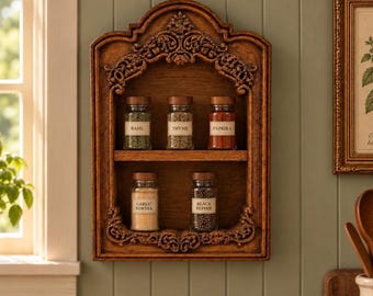 Könnte beinhalten: Ein wandmontiertes Gewürzregal aus Holz mit gewölbtem Oberteil und verzierten Schnitzereien. Das Regal verfügt über zwei Ebenen mit fünf Glasbehältern mit Holzdeckeln, die mit Basil, Thyme, Paprika, Garlic Powder und Black Pepper beschriftet sind.