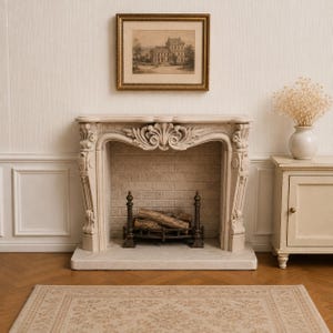 May include: A cream-coloured fireplace mantel with ornate carved scrollwork and floral details. The interior features a light-coloured brick pattern and a black metal grate holding several wooden logs. A framed sketch hangs above the mantel.