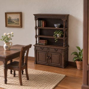 May include: A miniature dark brown wooden hutch featuring three open shelves and two lower cabinet doors with drawers. The shelves hold small books, a decorative bowl, and a potted plant. The hutch is detailed with carved accents.