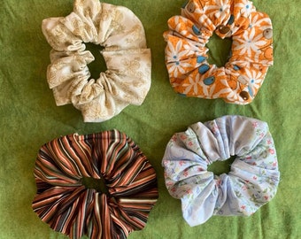 Handmade Assorted Floral Print & Striped Hair Tie Scrunchie Variety Set of 4