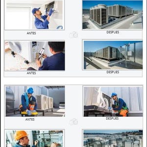 May include: A service report document titled EVIDENCIAS Y RESULTADOS DEL SERVICIO featuring eight photographic panels. The images display technicians in blue uniforms performing maintenance on industrial air conditioning units, showing before and after states.