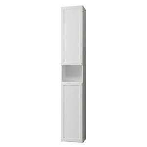 May include: A tall, narrow white storage cabinet featuring a rectangular upper door, a central open shelf section, and a rectangular lower door. The unit has a clean, solid white finish with simple panel detailing on both the top and bottom doors.