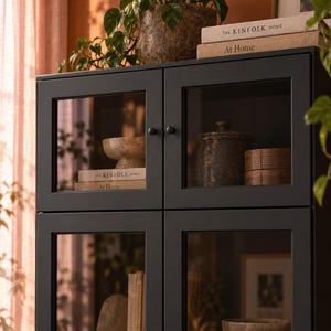 May include: A black cabinet with four glass-paneled doors featuring small round knobs. Inside the cabinet are stone bowls, wooden containers, and books titled The Kinfolk Home At Home. A potted plant sits on top of the cabinet.