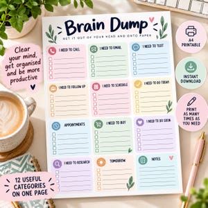 以下が含まれることがあります： Brain Dumpプランナーページ。I Need to Call、Email、Text、Follow Up、Schedule、Do Today、Appointments、Buy、Do Soon、Research、Tomorrow、Notesの12のカテゴリーとチェックボックスが配置され、パステルカラーのアクセントが施されています。