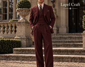 May include: A burgundy three-piece suit consisting of a blazer, a button-up vest, and pleated trousers. The suit is worn with a white collared shirt, a dark patterned tie, and brown leather shoes. The text Lapel Craft is visible in the upper right.
