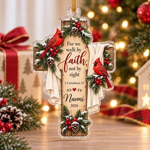 Faith Cross Christmas Ornament, Cardinal Scripture Keepsake, Personalized Religious Holiday Gift For Believers