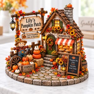 Peut inclure: Une scène miniature de potager d'automne avec un chalet en bois, une cheminée en pierre, un épouvantail et un panneau indiquant Lily's Pumpkin Patch. Le décor comprend des citrouilles orange, des tournesols, des feuilles d'automne et un tableau.