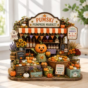 Peut inclure: Un stand miniature PUMSKI PUMPKIN MARKET avec une figurine à tête de citrouille, un auvent rayé orange et blanc, des guirlandes colorées et des panneaux indiquant BOO, FRESH HARVEST & BOO BITES, PUMPKIN CIDER et HARVEST GOODNESS IN EVERY BITE.