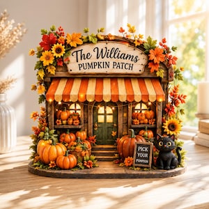 May include: A decorative miniature pumpkin patch shop with a sign reading The Williams PUMPKIN PATCH, an orange and cream striped awning, warm string lights, autumn foliage, numerous orange pumpkins, and a black cat with a PICK YOUR PUMPKIN sign.