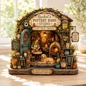 Peut inclure: Un diorama miniature d'atelier de poterie intitulé Rachel's Pottery Barn Studio. Il comprend une personne au tour de potier, un golden retriever, un four en brique et divers pots en céramique. Les panneaux indiquent : Clay, Kiln, Create, Shape, Fire, Grow.