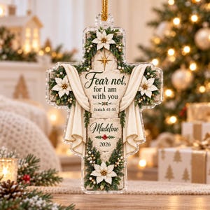 Christian Cross Verse Ornament, Personalized Scripture Keepsake, Fear Not Faith Christmas Gift For Believers