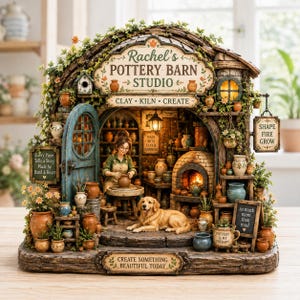 May include: A detailed miniature pottery studio diorama titled Rachel's Pottery Barn Studio. It features a person at a pottery wheel, a golden retriever, a brick kiln with a warm light, and various ceramic pots. Signs read: Clay, Kiln, Create, Shape Fire Grow, and Pottery is my therapy.