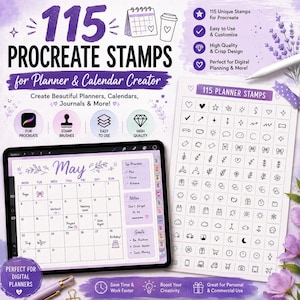 以下が含まれることがあります： プランナーやカレンダー作成用の115種類のProcreateスタンプのデジタルセット。タブレットには5月のカレンダーページが表示され、ハート、星、天気記号など、すべてのスタンプデザインが記載されたリファレンスシートが含まれています。